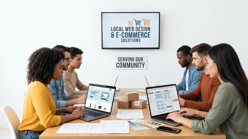 ocal web designer and a business owner discussing an online store – local web design agencies